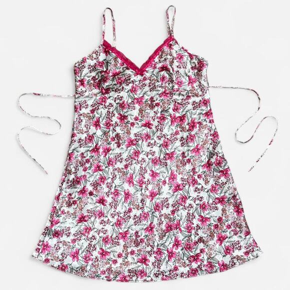 Y2K Adonna White & Pink Whimsy Floral Satin Ruffle Trim Mini Lingerie Slip Dress - Picture 5 of 7
